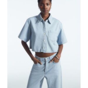 COS Light Blue Boxy Denim Cropped Button-Up Shirt